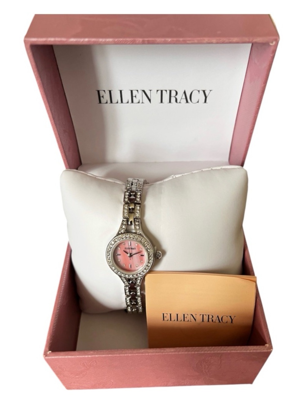 Ellen Tracy Silver-Tone Watch with Pink Dial and Crystal Accents